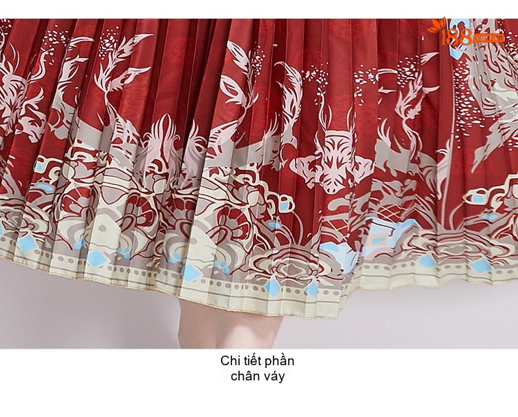 Đầm Xòe Nữ Tay Phồng Dài In Họa Tiết Thắt Eo Tassel Màu Đỏ chi tiết 23