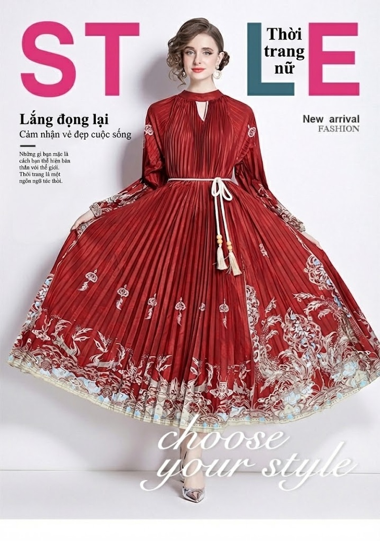 Đầm Xòe Nữ Tay Phồng Dài In Họa Tiết Thắt Eo Tassel Màu Đỏ chi tiết 1