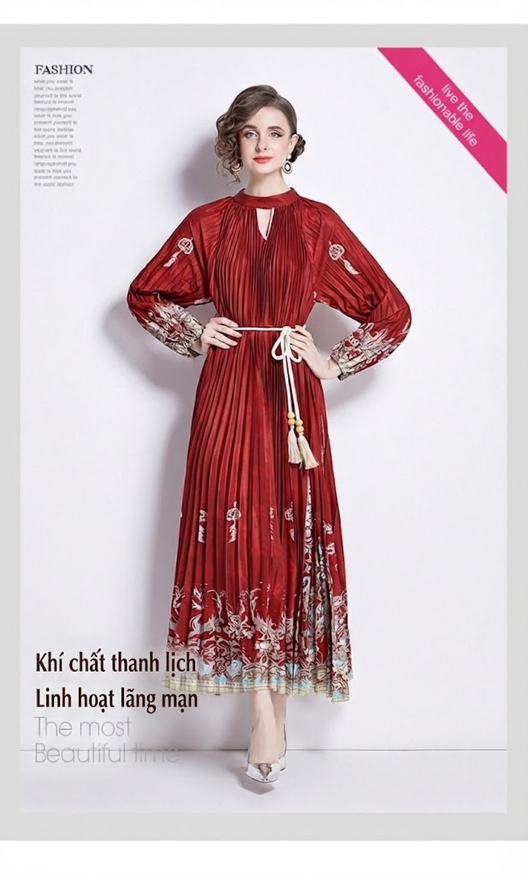 Đầm Xòe Nữ Tay Phồng Dài In Họa Tiết Thắt Eo Tassel Màu Đỏ chi tiết 3