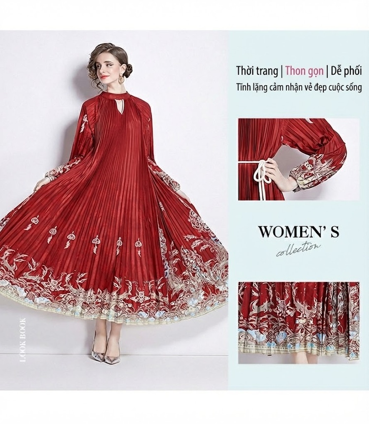 Đầm Xòe Nữ Tay Phồng Dài In Họa Tiết Thắt Eo Tassel Màu Đỏ chi tiết 4