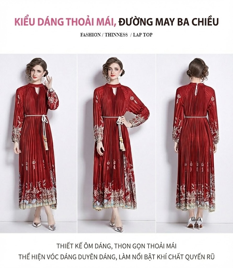 Đầm Xòe Nữ Tay Phồng Dài In Họa Tiết Thắt Eo Tassel Màu Đỏ chi tiết 6