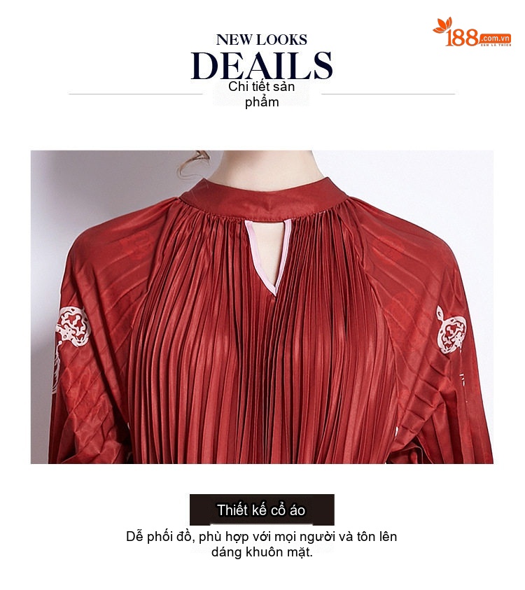 Đầm Xòe Nữ Tay Phồng Dài In Họa Tiết Thắt Eo Tassel Màu Đỏ chi tiết 7