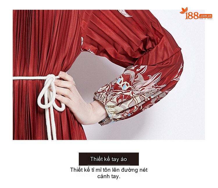 Đầm Xòe Nữ Tay Phồng Dài In Họa Tiết Thắt Eo Tassel Màu Đỏ chi tiết 8
