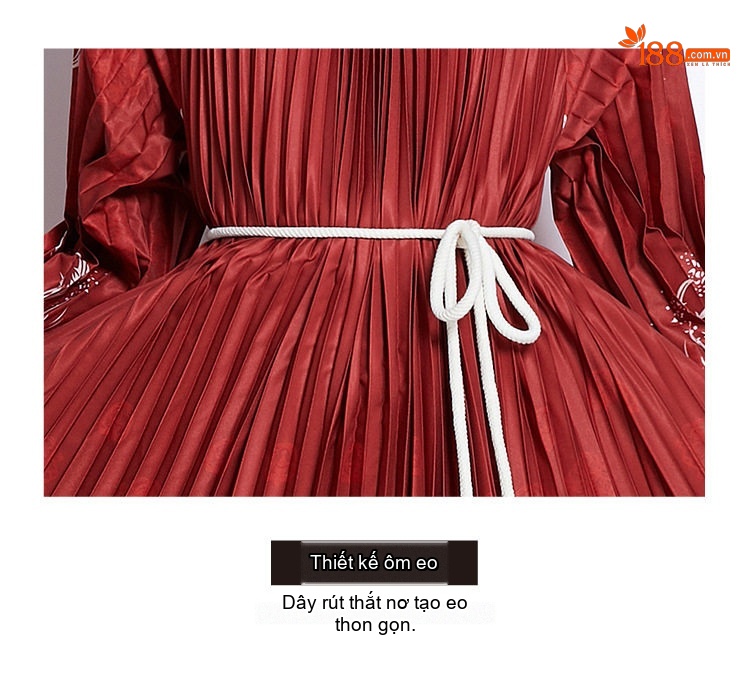 Đầm Xòe Nữ Tay Phồng Dài In Họa Tiết Thắt Eo Tassel Màu Đỏ chi tiết 9