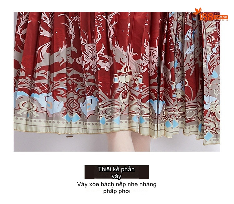 Đầm Xòe Nữ Tay Phồng Dài In Họa Tiết Thắt Eo Tassel Màu Đỏ chi tiết 10