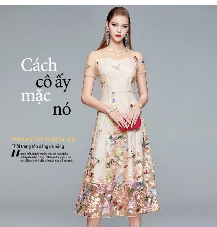 Đầm Xòe Nữ Thêu Hoa Định Vị Cao Cấp, Eo Cao Tôn Dáng Màu Be, Đen chi tiết 5