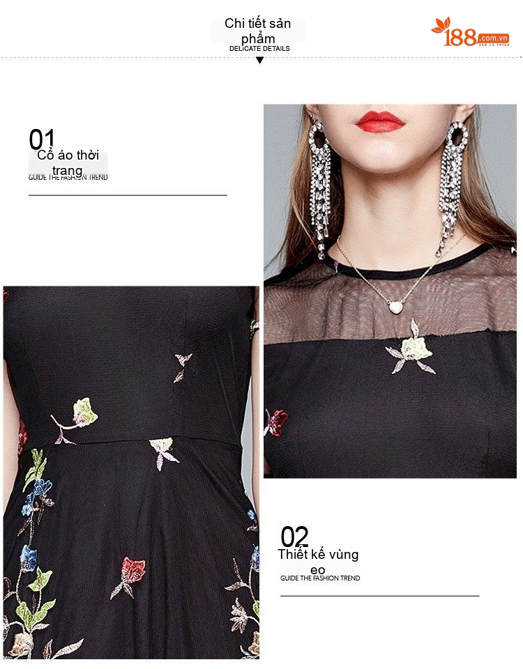 Đầm Xòe Nữ Thêu Hoa Định Vị Cao Cấp, Eo Cao Tôn Dáng Màu Be, Đen chi tiết 10