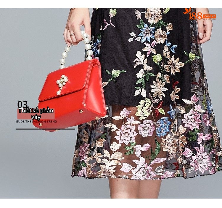Đầm Xòe Nữ Thêu Hoa Định Vị Cao Cấp, Eo Cao Tôn Dáng Màu Be, Đen chi tiết 11
