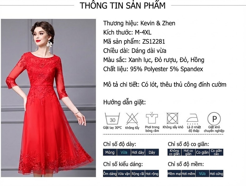 Đầm Xòe Nữ Thêu Hoa Voan Lưới Tay Lỡ dáng chữ A Màu Đỏ chi tiết 18