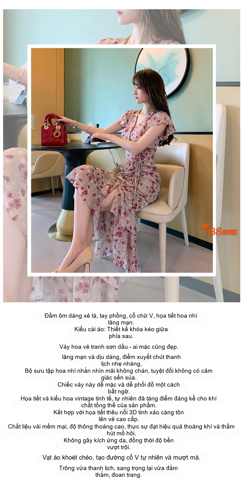 Đầm Xòe Nữ V Cổ Tay Bồng Dáng Ôm Chiết Ly Xẻ Tà Họa Tiết Hoa Nhí chi tiết 1