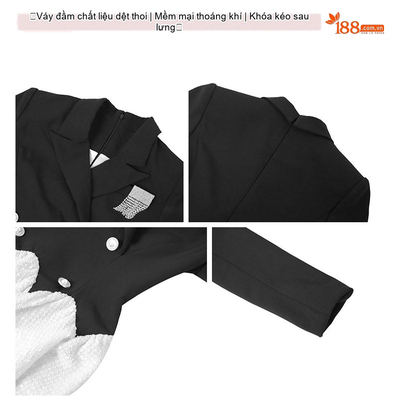 Đầm Xòe Tiểu Thư Cổ chữ Vest Chiết Eo Tay Dài Màu Đen, Trắng chi tiết 3