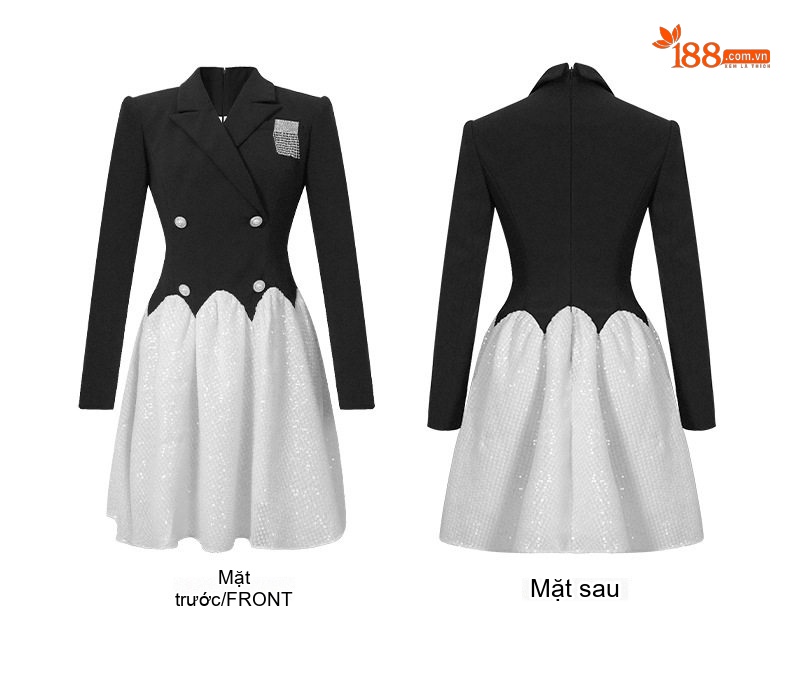 Đầm Xòe Tiểu Thư Cổ chữ Vest Chiết Eo Tay Dài Màu Đen, Trắng chi tiết 4