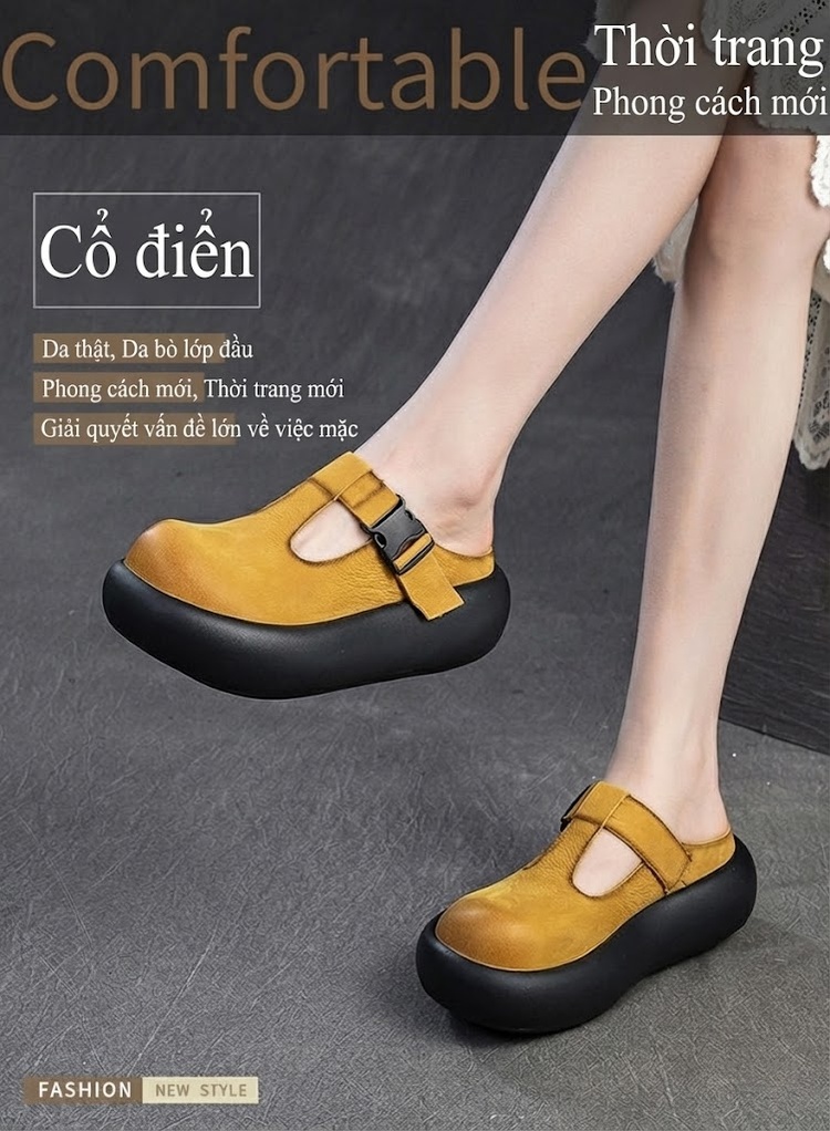 Dép Birken Đầu Tròn Nữ Da Bò Khóa Cài Chiều Cao Đế Khoảng 5cm Màu Vàng, Xanh Lá, Kem... chi tiết 2