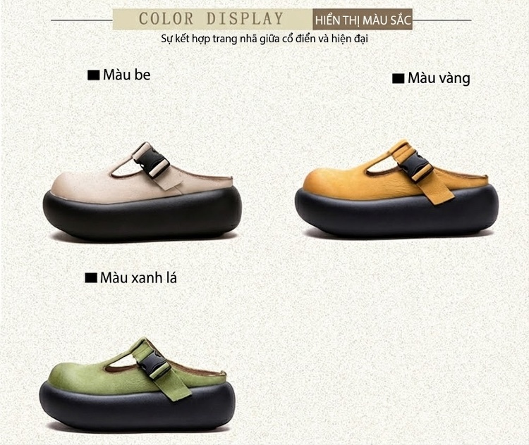 Dép Birken Đầu Tròn Nữ Da Bò Khóa Cài Chiều Cao Đế Khoảng 5cm Màu Vàng, Xanh Lá, Kem... chi tiết 3