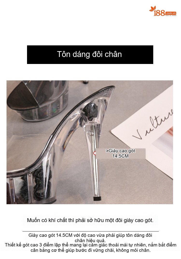 Dép Cao Gót Nữ Đế Xuồng Trong Suốt Chiều Cao Đế Khoảng 13cm Màu Đen, Hồng, Đỏ, Xanh... chi tiết 8