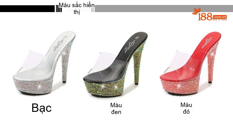 Dép Cao Gót Nữ Đính Đá Chiều Cao Đế 13cm Màu Đen, Đỏ, Trắng, Bạc... chi tiết 2