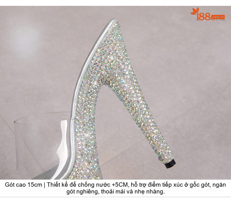 Dép Cao Gót Nữ Đính Đá Chiều Cao Đế 13cm Màu Đen, Đỏ, Trắng, Bạc... chi tiết 5