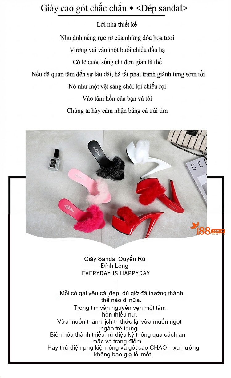 Dép Cao Gót Nữ Quai Lông Thỏ Chiều Cao Đế Khoảng 15cm Màu Đen, Đỏ, Trắng, Hồng... chi tiết 2