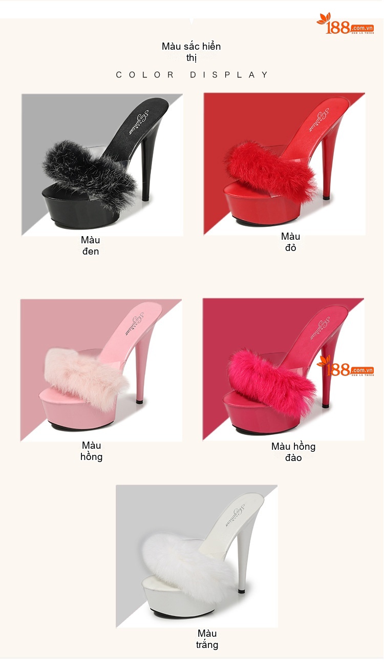 Dép Cao Gót Nữ Quai Lông Thỏ Chiều Cao Đế Khoảng 15cm Màu Đen, Đỏ, Trắng, Hồng... chi tiết 3