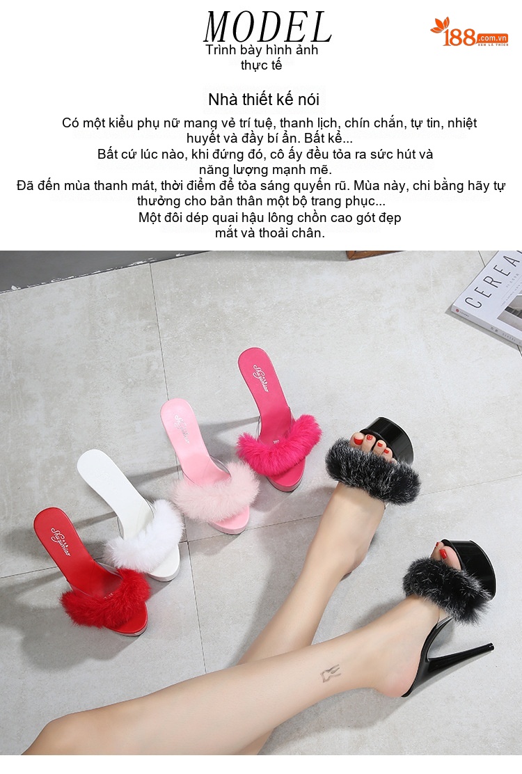 Dép Cao Gót Nữ Quai Lông Thỏ Chiều Cao Đế Khoảng 15cm Màu Đen, Đỏ, Trắng, Hồng... chi tiết 11