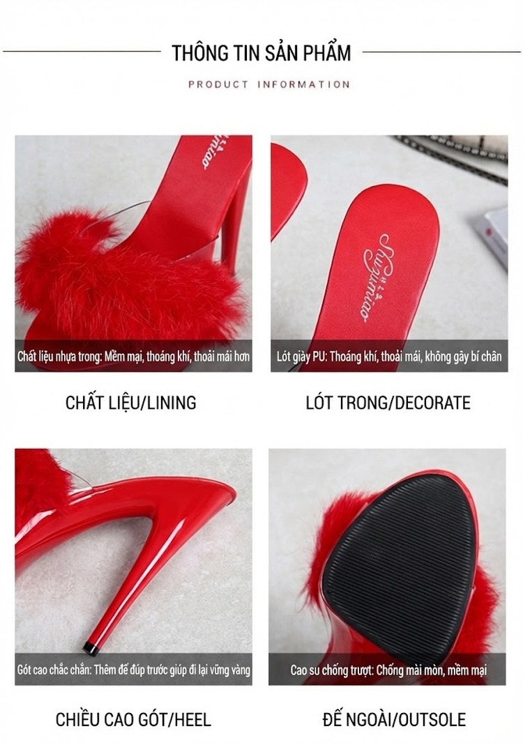 Dép Cao Gót Nữ Quai Lông Thỏ Chiều Cao Đế Khoảng 15cm Màu Đen, Đỏ, Trắng, Hồng... chi tiết 4