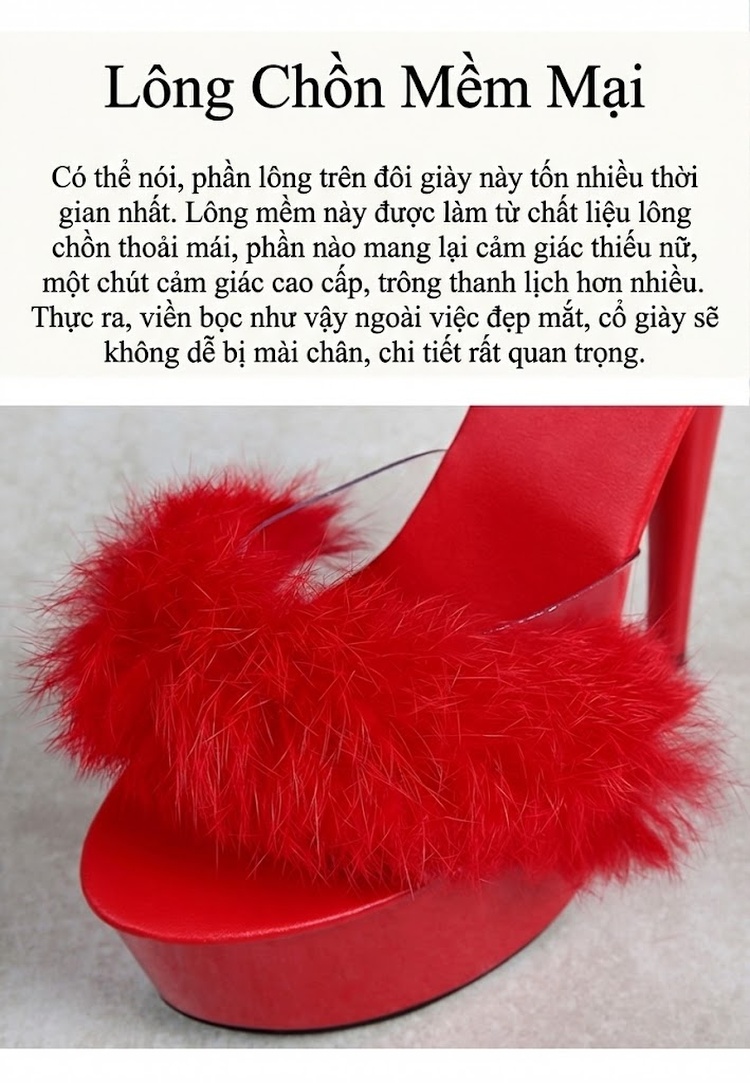 Dép Cao Gót Nữ Quai Lông Thỏ Chiều Cao Đế Khoảng 15cm Màu Đen, Đỏ, Trắng, Hồng... chi tiết 7