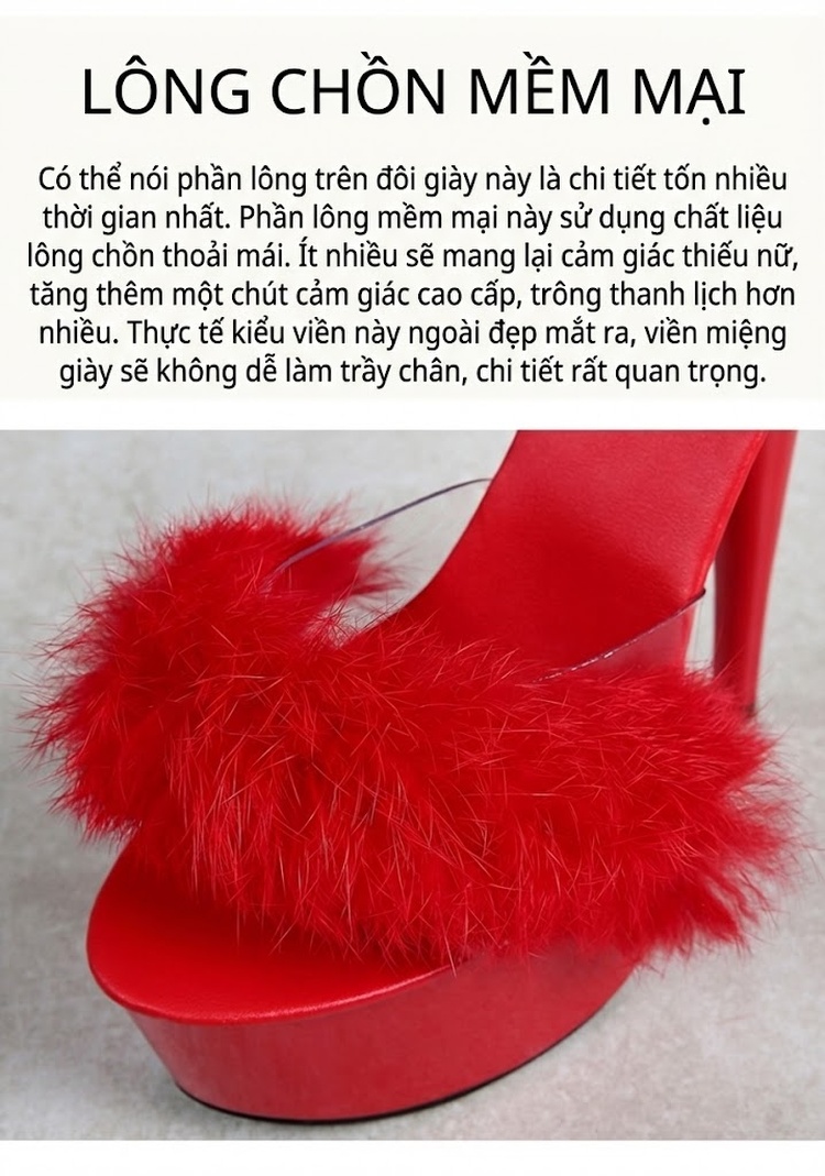 Dép Cao Gót Nữ Quai Lông Thỏ Chiều Cao Đế Khoảng 15cm Màu Đen, Đỏ, Trắng, Hồng... chi tiết 8