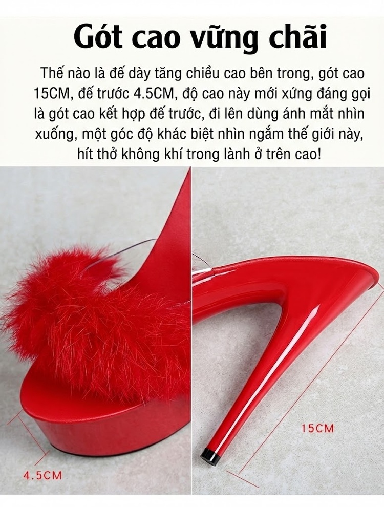 Dép Cao Gót Nữ Quai Lông Thỏ Chiều Cao Đế Khoảng 15cm Màu Đen, Đỏ, Trắng, Hồng... chi tiết 9