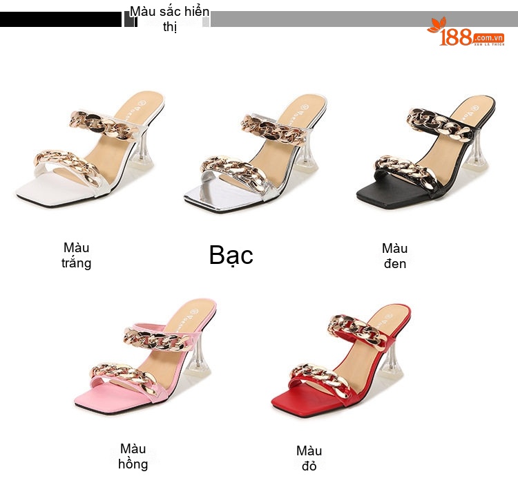 Dép Cao Gót Nữ Quai Mảnh Vuông Chiều Cao Đế Khoảng 8cm Màu Đen, Đỏ, Trắng, Hồng... chi tiết 2