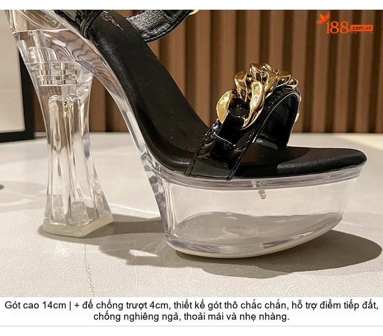 Dép Cao Gót Nữ Quai Ngang Da Bóng Khóa Kim Loại Chiều Cao Đế Khoảng 14cm Màu Đen, Đỏ, Trắng... chi tiết 7