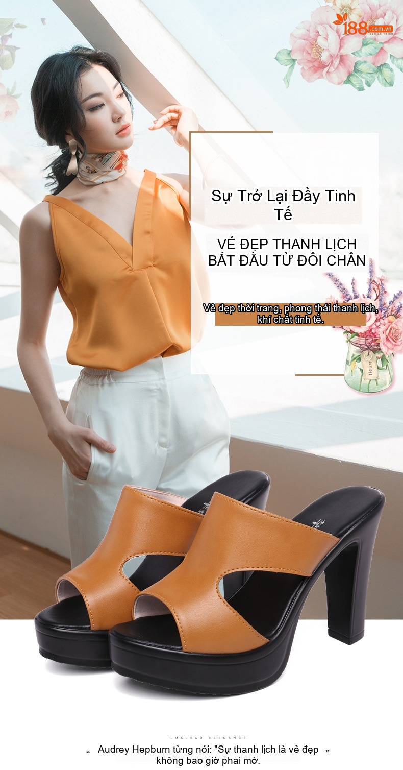 Dép Cao Gót Nữ Quai Ngang Hở Mũi Chiều Cao Đế Khoảng 8cm Màu Đen, Đỏ, Nâu chi tiết 1