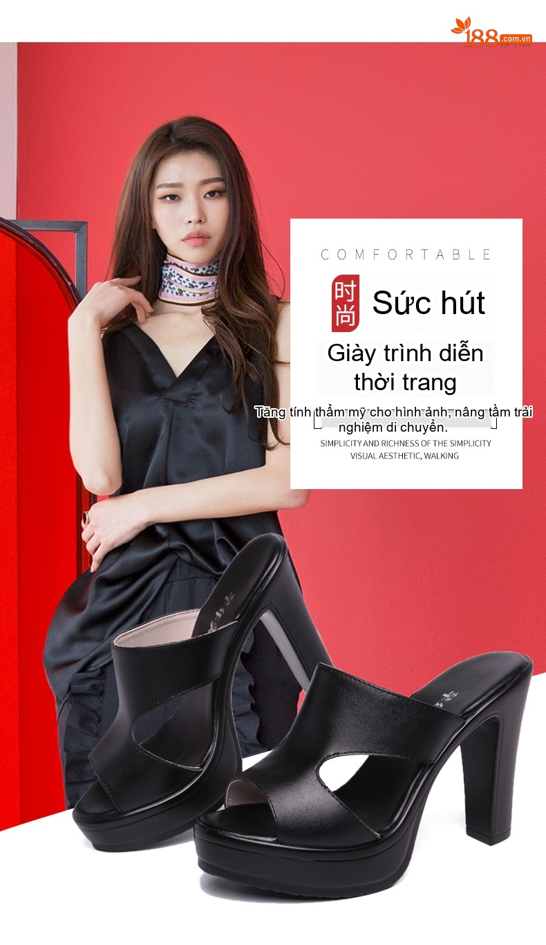 Dép Cao Gót Nữ Quai Ngang Hở Mũi Chiều Cao Đế Khoảng 8cm Màu Đen, Đỏ, Nâu chi tiết 3