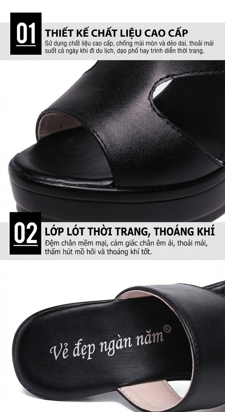 Dép Cao Gót Nữ Quai Ngang Hở Mũi Chiều Cao Đế Khoảng 8cm Màu Đen, Đỏ, Nâu chi tiết 4