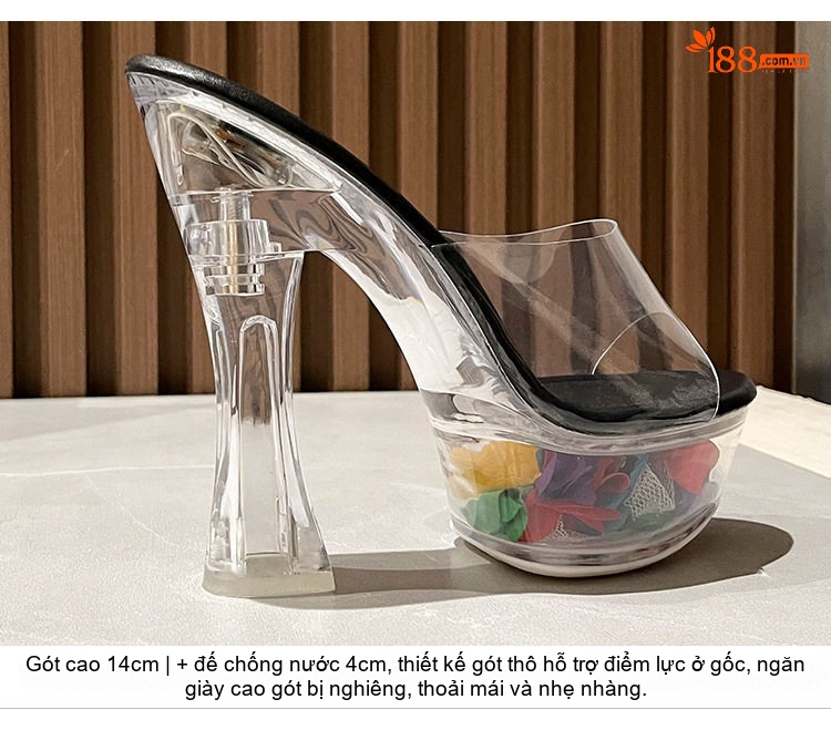 Dép Cao Gót Nữ Quai Trong Suốt Da Bóng Chiều Cao Đế 14cm Màu Đen, Đỏ, Trắng chi tiết 6