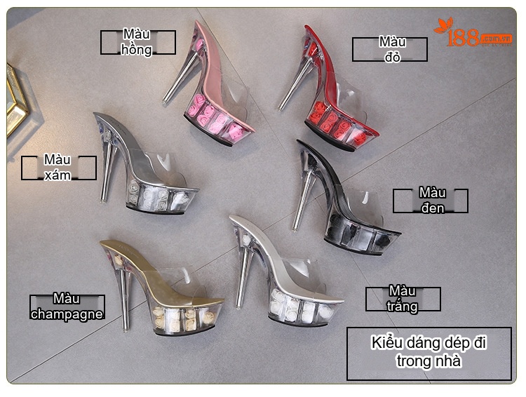 Dép Cao Gót Nữ Quai Trong Suốt Đế Xuồng Hoa Chiều Cao Đế Khoảng 15cm Màu Đen, Trắng, Đỏ, Xanh... chi tiết 1