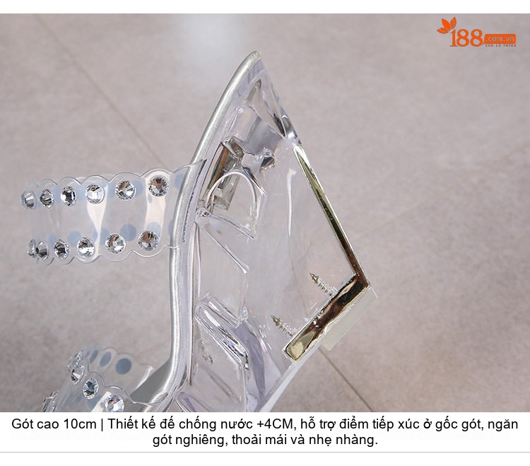 Dép Cao Gót Nữ Quai Trong Suốt Đính Đá Chiều Cao Đế 10cm Phát Sáng Màu Trắng, Đen chi tiết 4