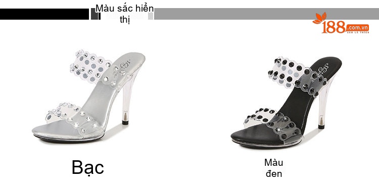 Dép Cao Gót Nữ Quai Trong Suốt Đính Đá Chiều Cao Đế Khoảng 11cm Màu Đen, Bạc chi tiết 2