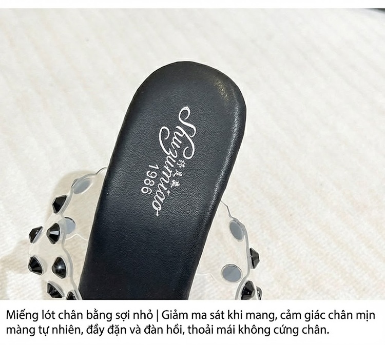 Dép Cao Gót Nữ Quai Trong Suốt Đính Đá Chiều Cao Đế Khoảng 11cm Màu Đen, Bạc chi tiết 4