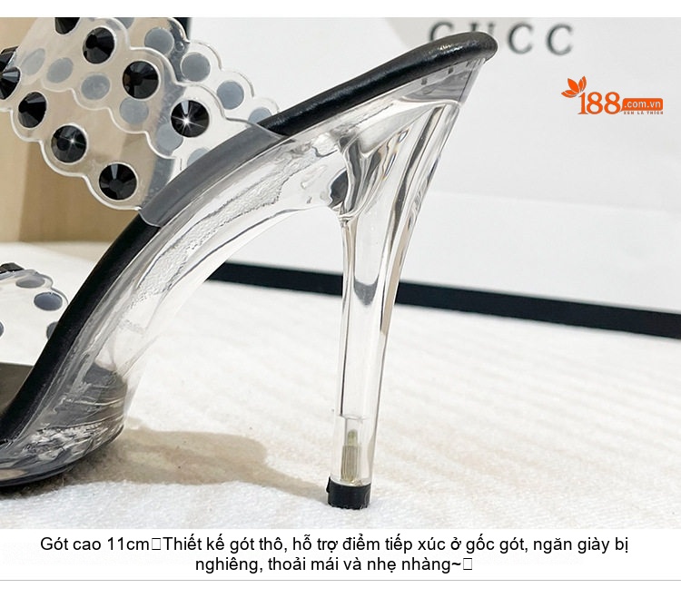 Dép Cao Gót Nữ Quai Trong Suốt Đính Đá Chiều Cao Đế Khoảng 11cm Màu Đen, Bạc chi tiết 5