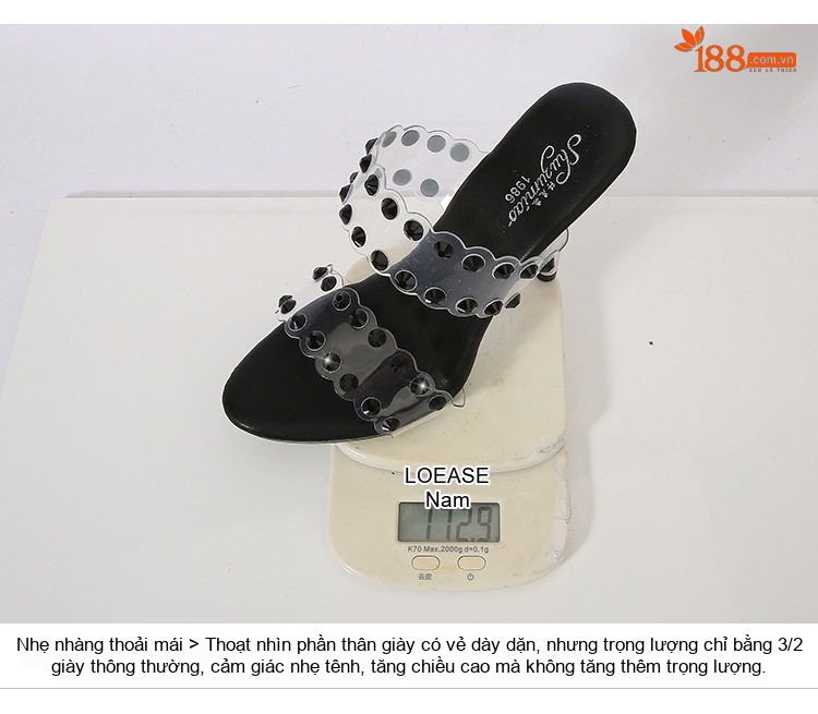 Dép Cao Gót Nữ Quai Trong Suốt Đính Đá Chiều Cao Đế Khoảng 11cm Màu Đen, Bạc chi tiết 7
