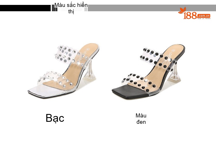 Dép Cao Gót Nữ Quai Trong Suốt Đính Đá Chiều Cao Đế Khoảng 7cm Kiểu Dáng Gót Ly Màu Đen, Trắng chi tiết 2