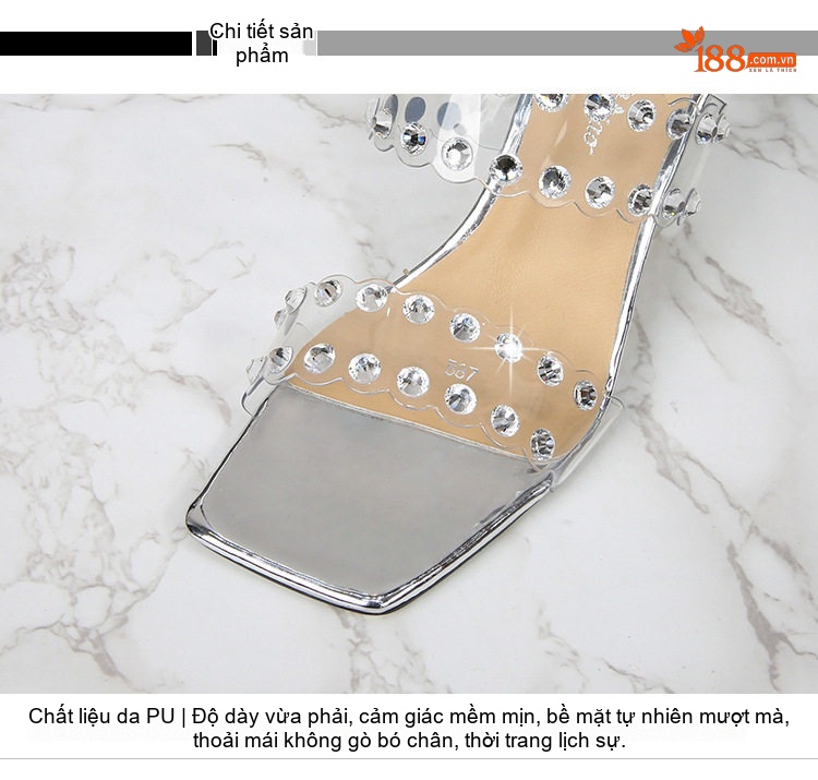 Dép Cao Gót Nữ Quai Trong Suốt Đính Đá Chiều Cao Đế Khoảng 7cm Kiểu Dáng Gót Ly Màu Đen, Trắng chi tiết 3