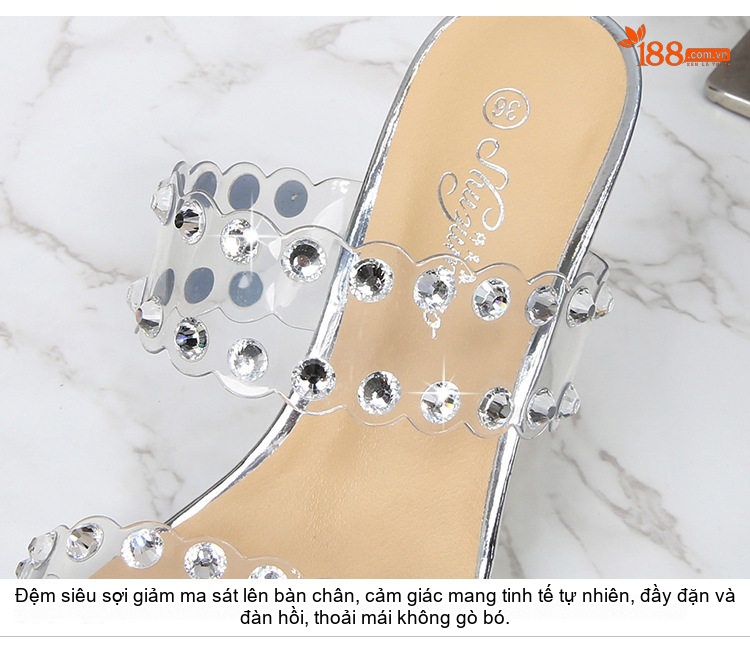 Dép Cao Gót Nữ Quai Trong Suốt Đính Đá Chiều Cao Đế Khoảng 7cm Kiểu Dáng Gót Ly Màu Đen, Trắng chi tiết 4