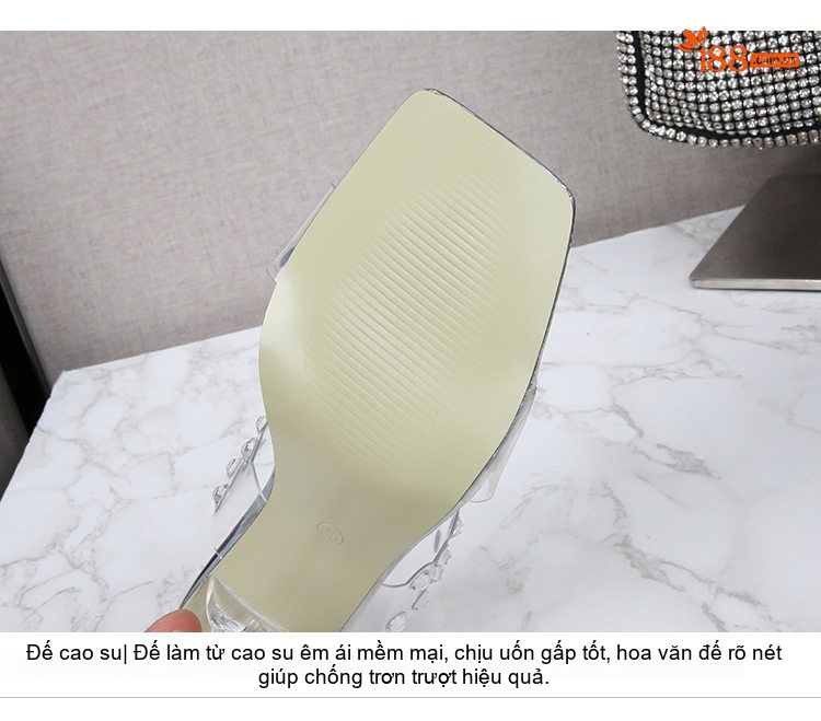 Dép Cao Gót Nữ Quai Trong Suốt Đính Đá Chiều Cao Đế Khoảng 7cm Kiểu Dáng Gót Ly Màu Đen, Trắng chi tiết 6