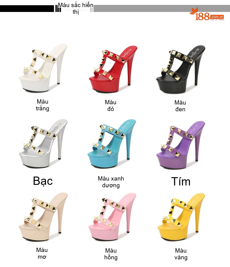 Dép Cao Gót Nữ Quai Trong Suốt Đinh Tán Chiều Cao Đế Khoảng 15cm Màu Trắng, Đỏ, Kem, Xanh... chi tiết 2