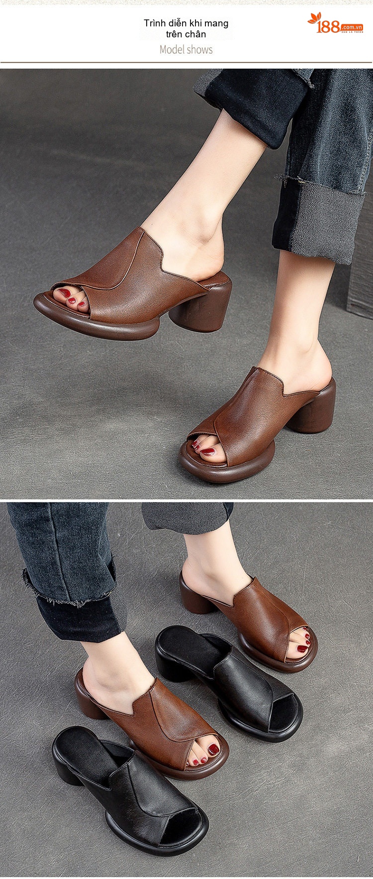 Dép Hở Mũi Nữ Da Bò Gót Vuông Chiều Cao Đế Khoảng 5cm Màu Đen, Nâu chi tiết 6