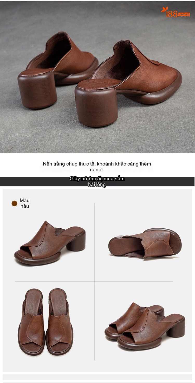 Dép Hở Mũi Nữ Da Bò Gót Vuông Chiều Cao Đế Khoảng 5cm Màu Đen, Nâu chi tiết 13