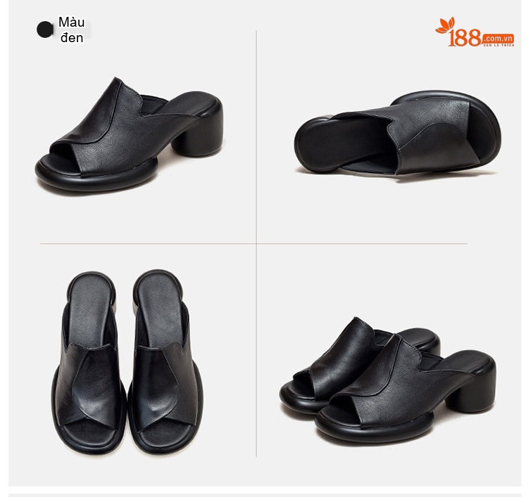 Dép Hở Mũi Nữ Da Bò Gót Vuông Chiều Cao Đế Khoảng 5cm Màu Đen, Nâu chi tiết 14