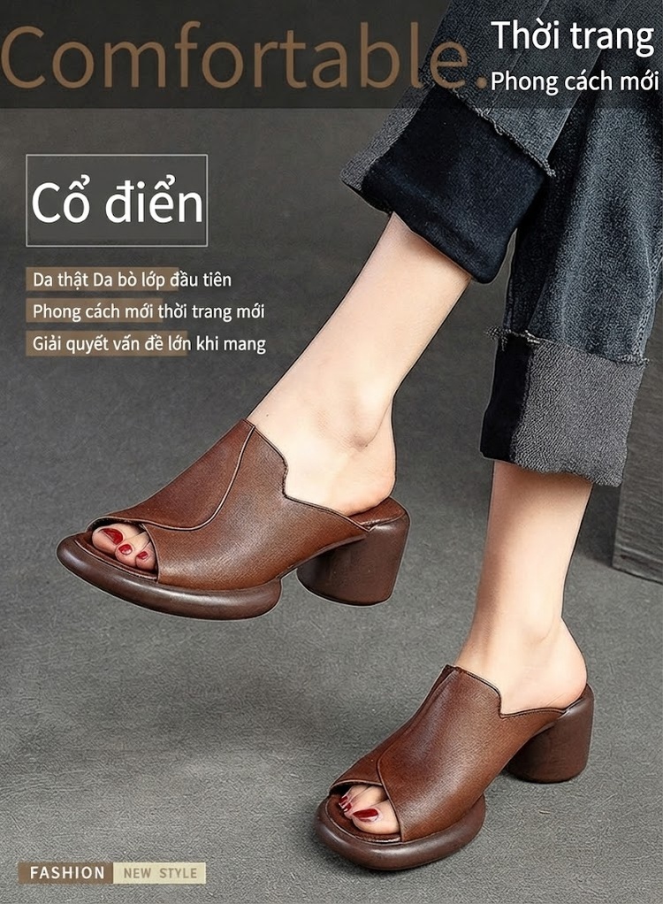 Dép Hở Mũi Nữ Da Bò Gót Vuông Chiều Cao Đế Khoảng 5cm Màu Đen, Nâu chi tiết 1
