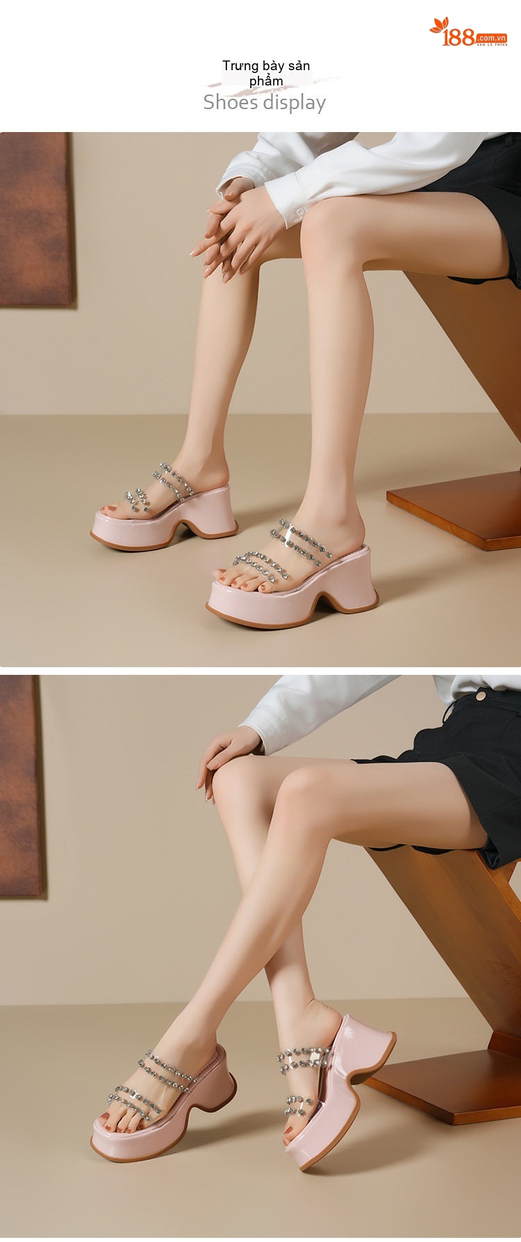 Dép Lê Nữ Quai Trong Suốt Đính Đá Chiều Cao Đế 9cm Màu Hồng, Trắng, Đen chi tiết 2